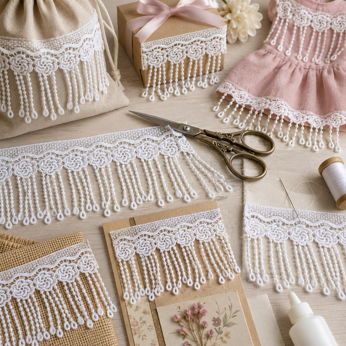 4.34 Inch White Lace Fringe Trim, Venice Lace Trim for Sewing
