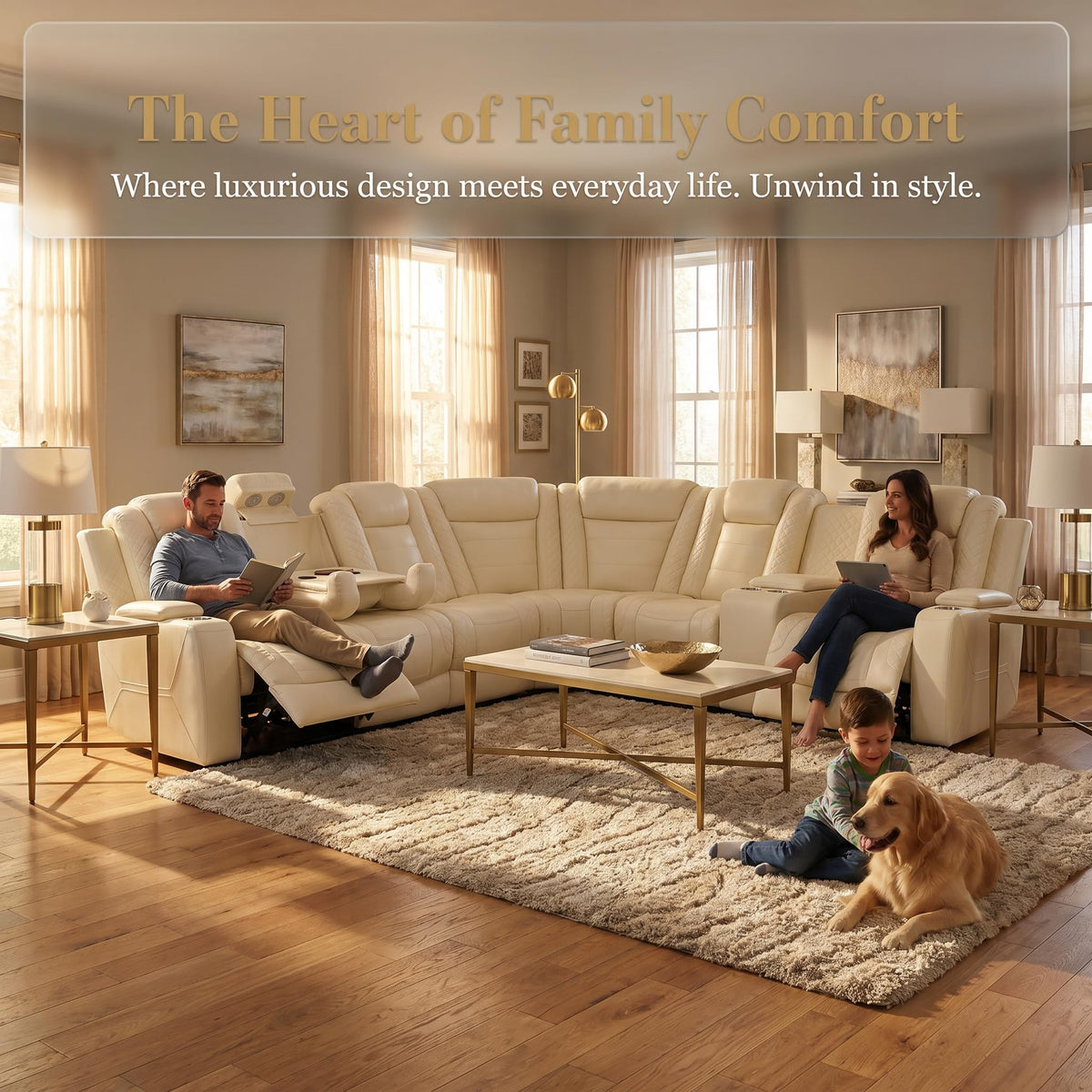 Power Reclining Sectional Sofa, Modern L-Shaped Air Leather Sectional Couch Set, Recliner Sofa Set, with LED Lights, Cup