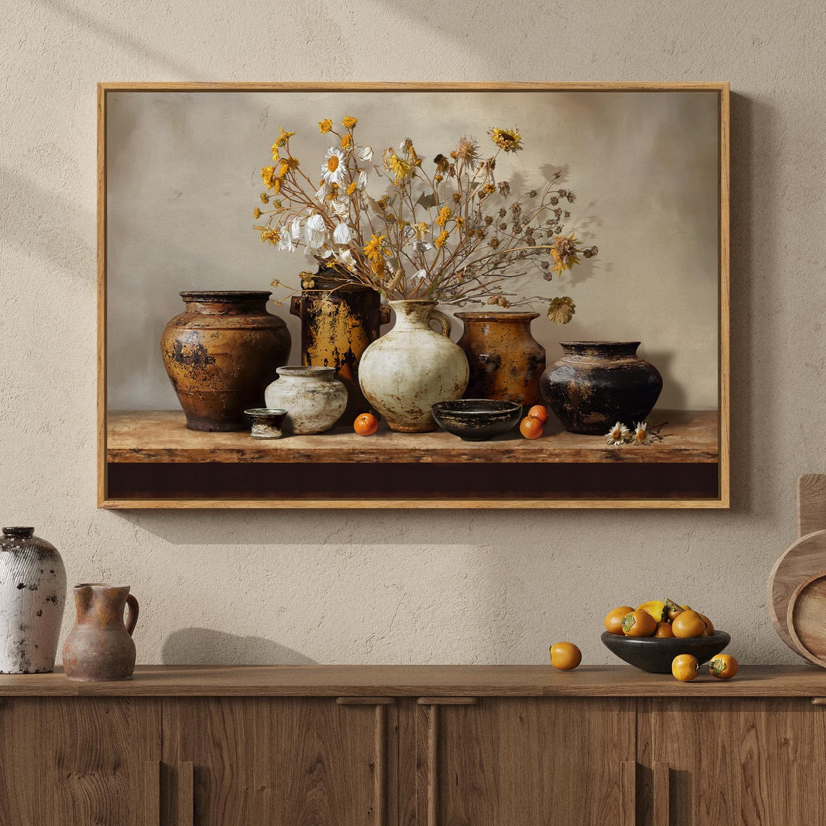 Framed Vintage Farmhouse Rustic Floral Pottery Kitchen Wall Art, 24x36 In