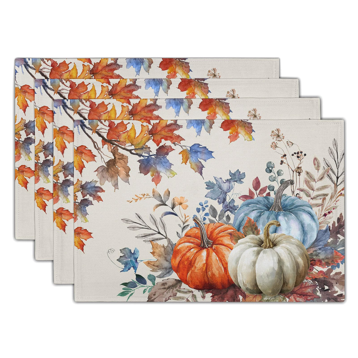 Fall Placemats Set of 4, 12 x 18 Inch Blue and Orange Pumpkin Fall Maple Leaves Washable Heat Resistant Rectangle