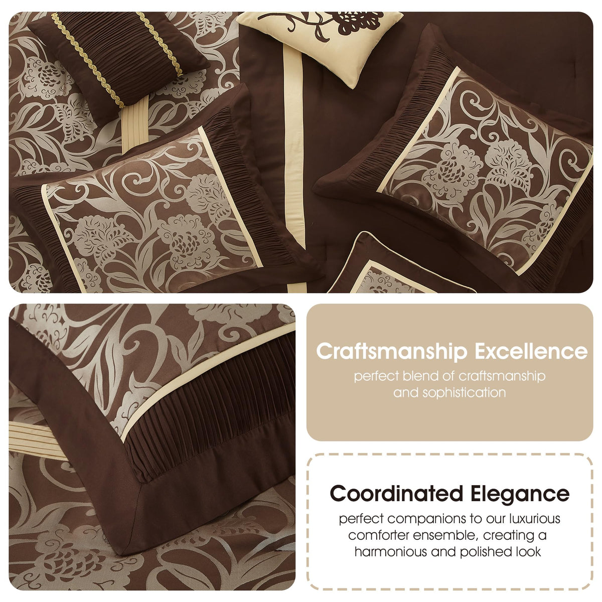 Brown Gold Comforter Set, 7 Piece Jacquard Floral Bedding Set, All Season, Ultra-Soft, Matching Pillows &