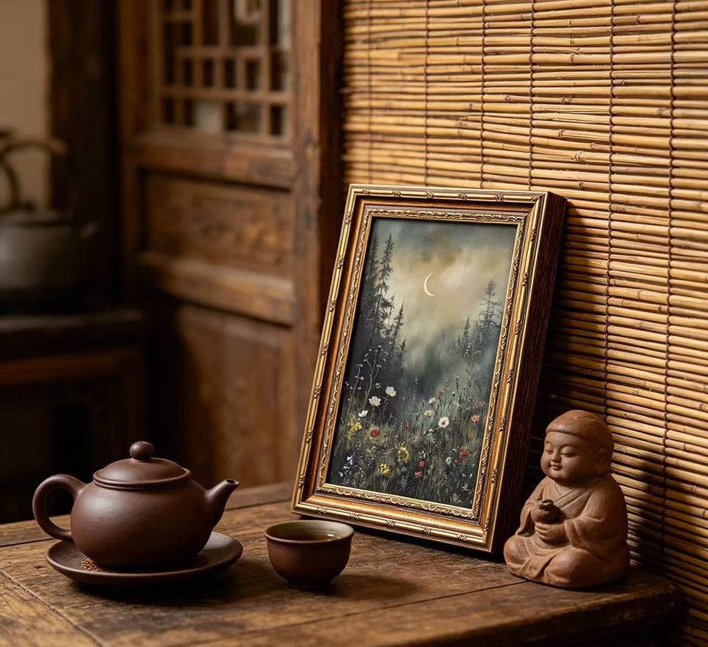 Vintage Gold Framed Moonlit Forest Wall Art, Moody Wildflower Crescent Moon Canvas Print, Retro Gothic Night