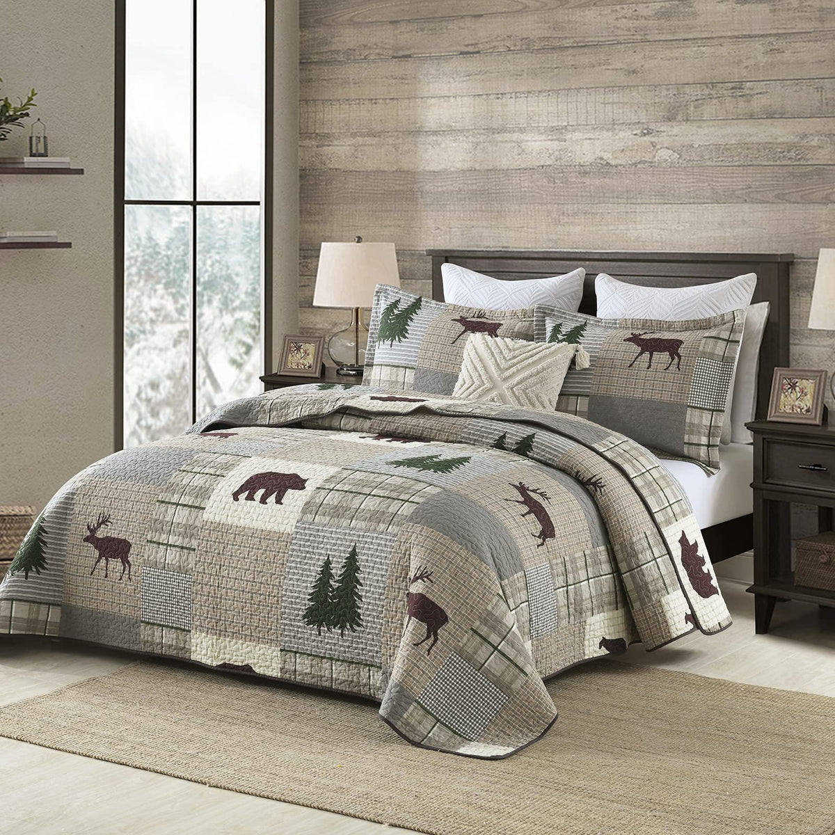 Quilt - 100% Cotton Lightweight Cabin Plaid Quilt Bedding Set, Forest Tree Brown Bear Deer Patchwork