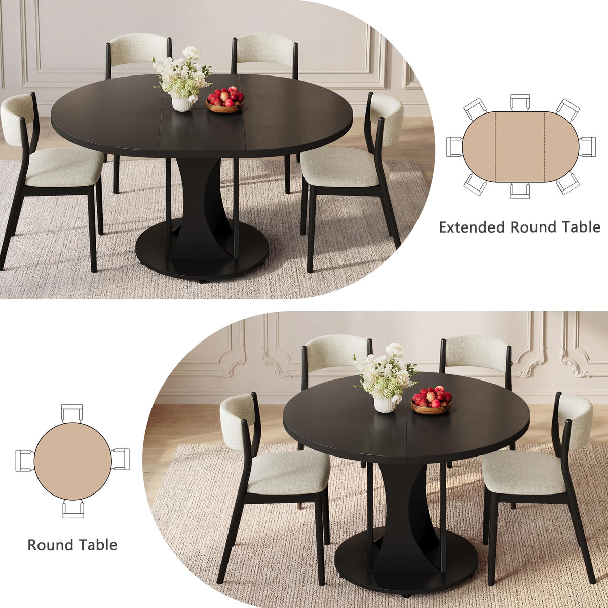 Inspired Saarinen Style 43"-59" Extendable Dining Table, Round Kitchen Table with Modern Arcs Pedestal, Oval Dinner Table with Removable