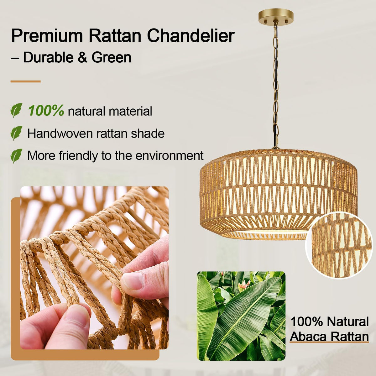 19" Rattan Chandelier, Gold Boho Dining Room Light Fixture