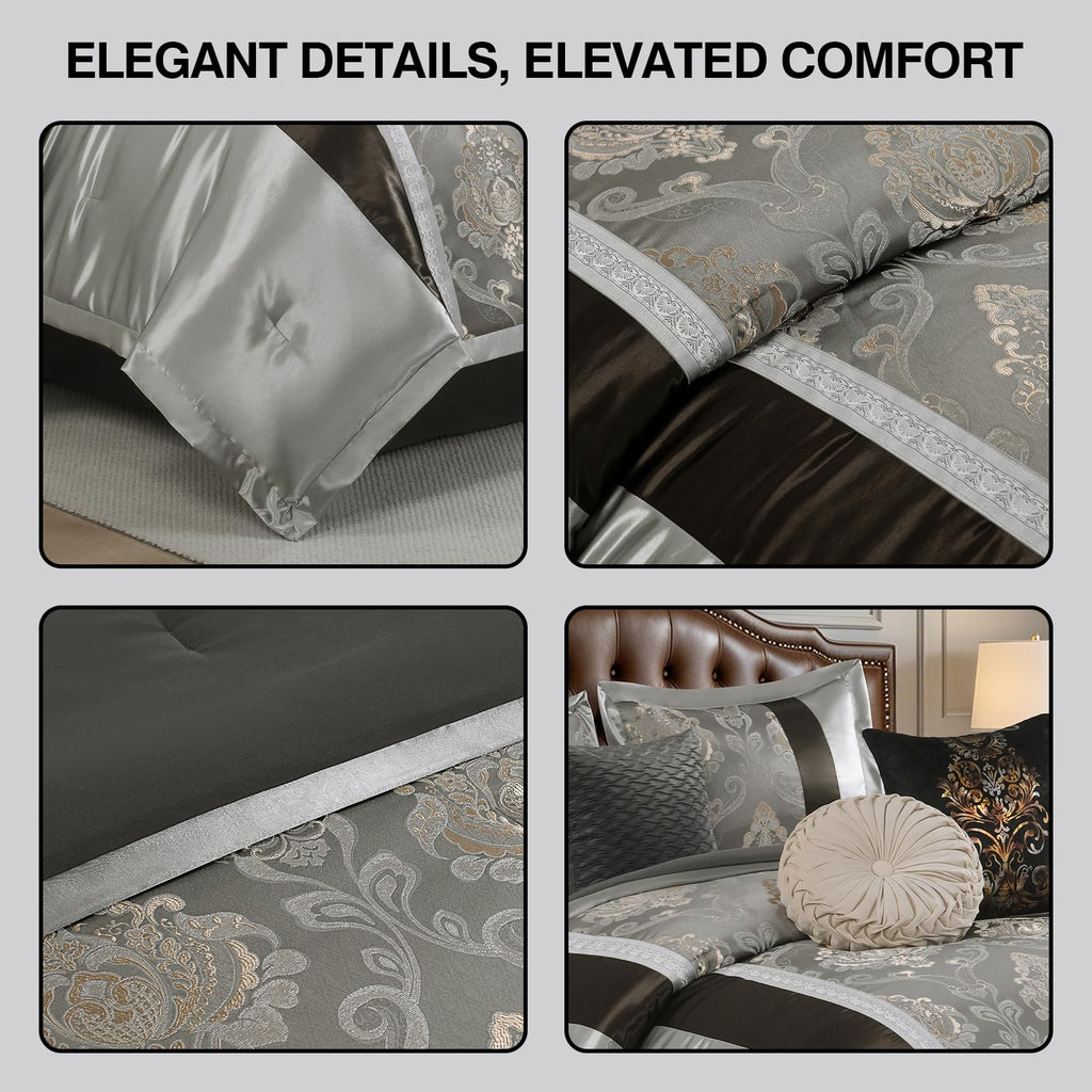 7 Piece Comforter Set - Luxury Vintage Damask Jacquard Bed in Bag, All Season Striped Patchwork Thick