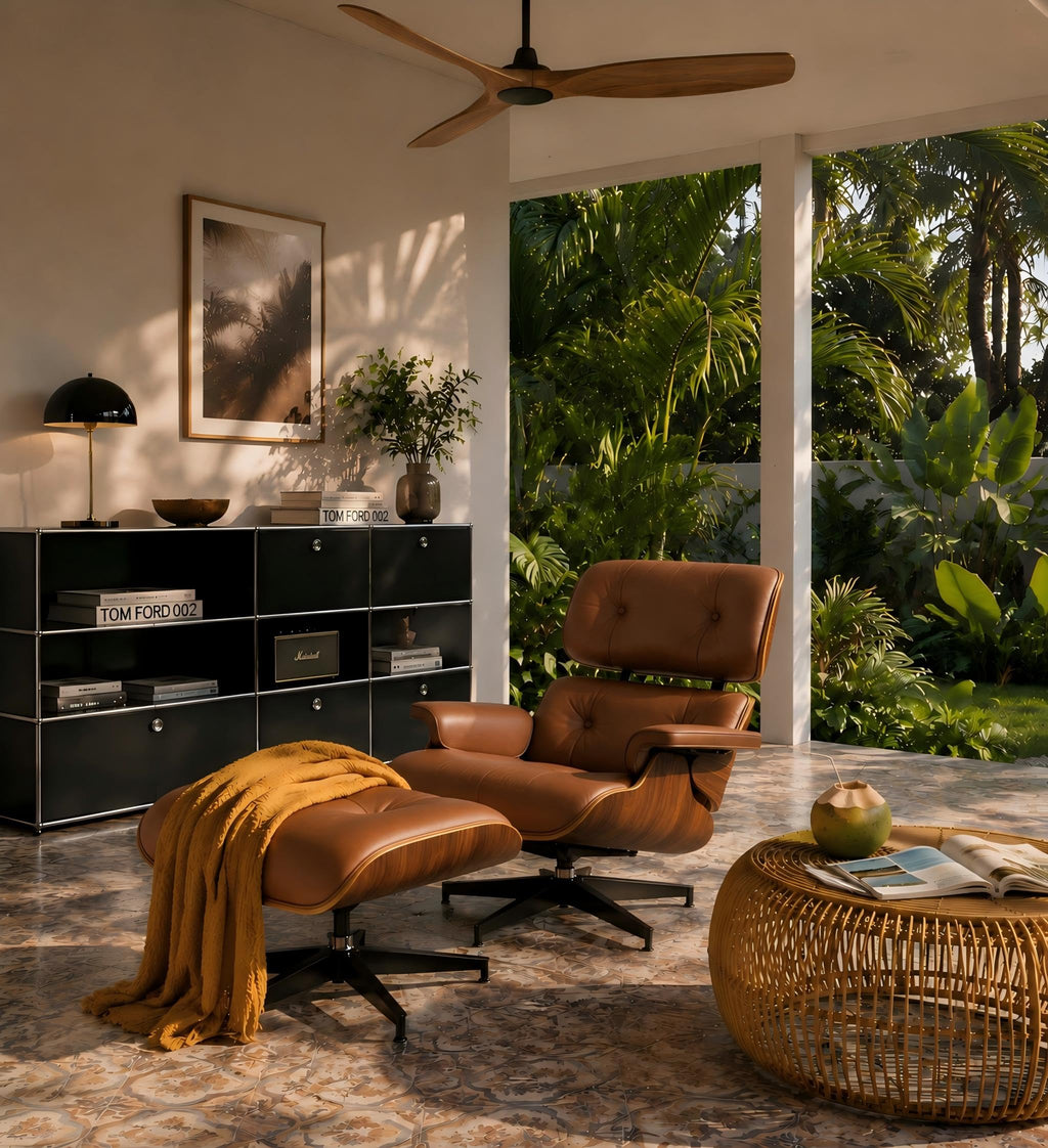 Inspired Eames Style Top Black Grain Leather Mid Century Chaise Lounge Chair and Ottoman, Reading Chair, Leather Accent Chair, Modern