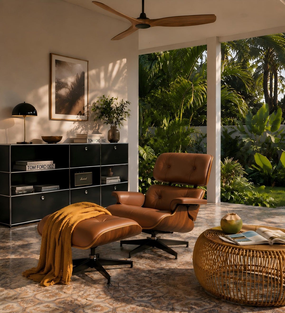 Inspired Eames Style Top Black Grain Leather Mid Century Chaise Lounge Chair and Ottoman, Reading Chair, Leather Accent Chair, Modern