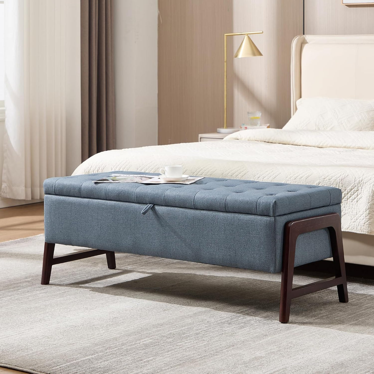 48" Storage Bench, End of Bed Bench with Button-Tufted, Upholstered Storage Ottoman Bench with Wooden Legs, Fabric