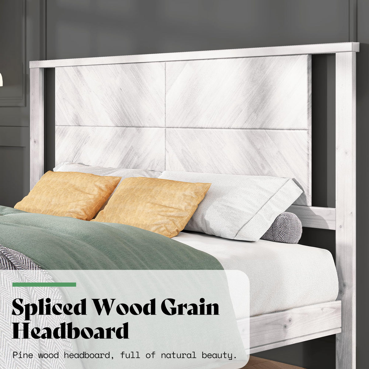 Modern Solid Wood Bed Frame with Headboard, Rustic White