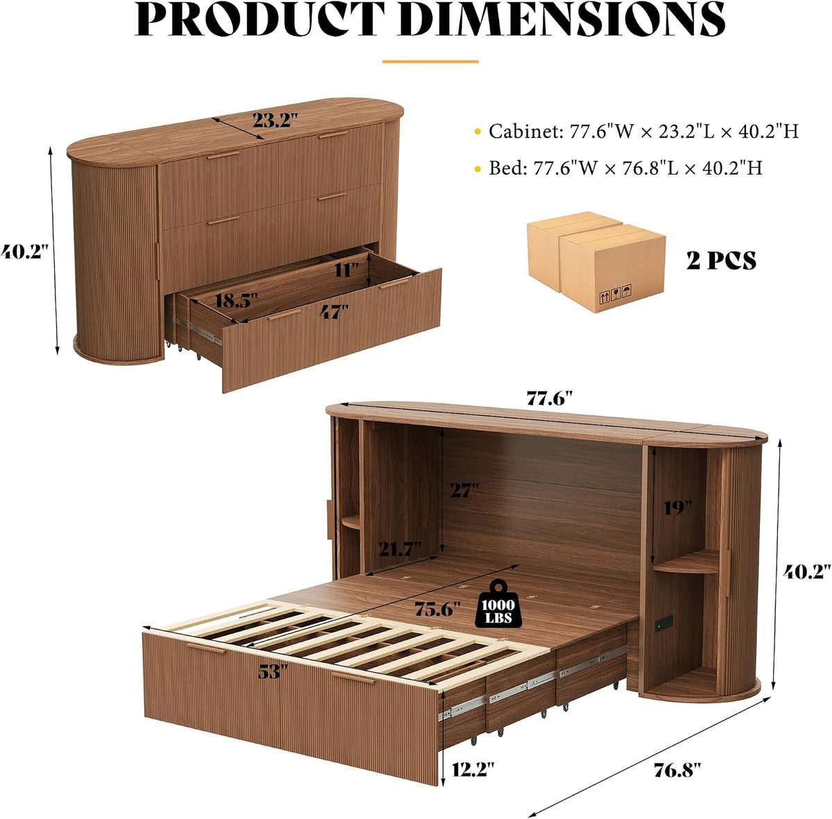 Full Murphy Bed with Storage Bedside Shelves & Sliding Tambour Door, Modern Cabinet Bed with Charging Station & Curved Fluted Design for Bedroom/Guest/Home Office, Brown
