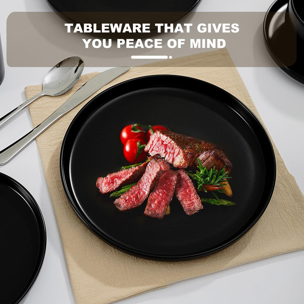 16-Piece Ceramic Dinnerware Sets with Mugs for 4, Black Plates and Bowls Set with Classic Design, Scratch Resistant