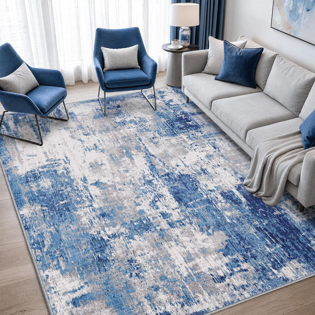Washable Abstract Area Rug Blue Gray