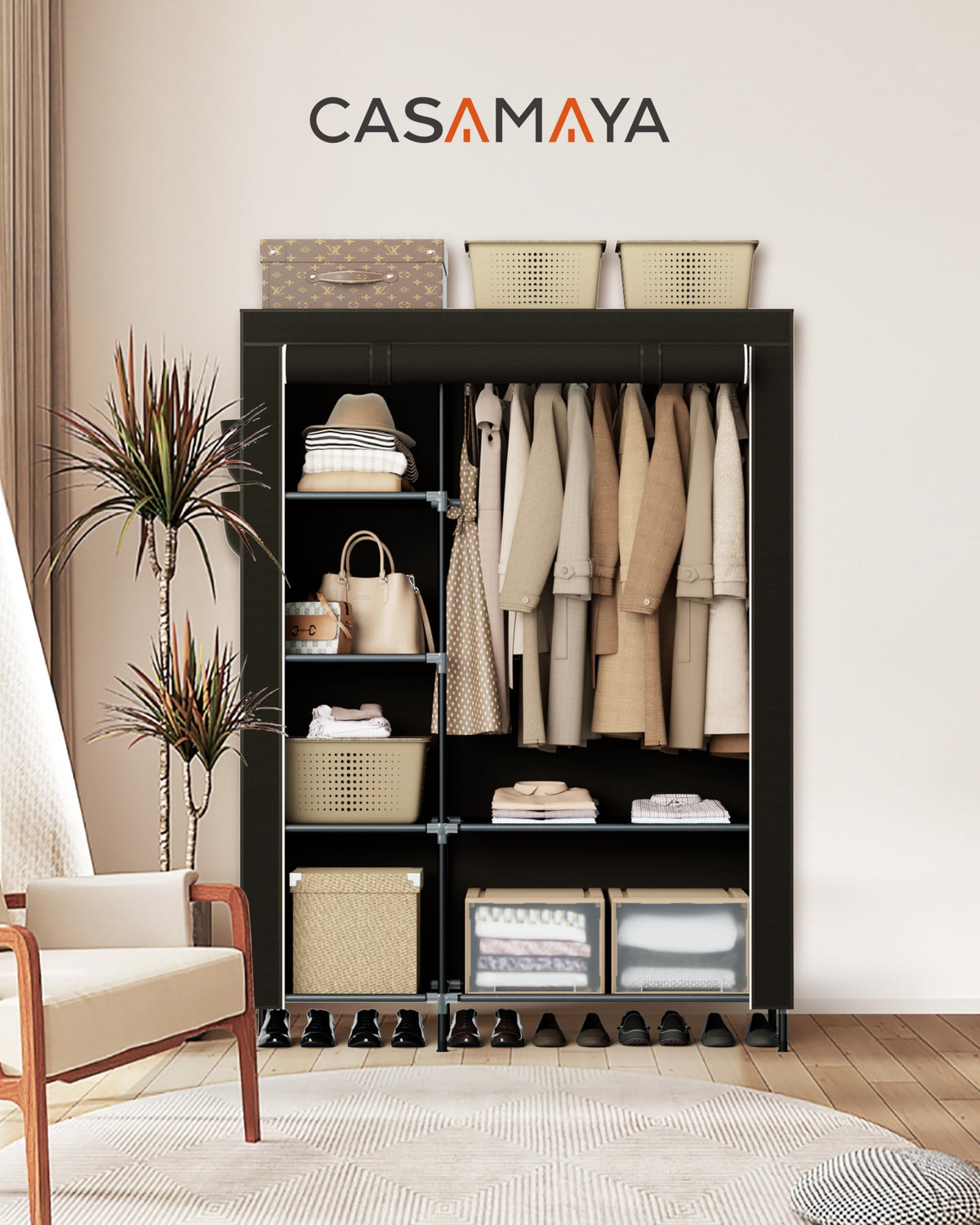 Portable Closet, 48 Inch Large Capacity Wardrobe Closet, Clothes Storage Organizer with Shelves and Hanging Rod, Easy