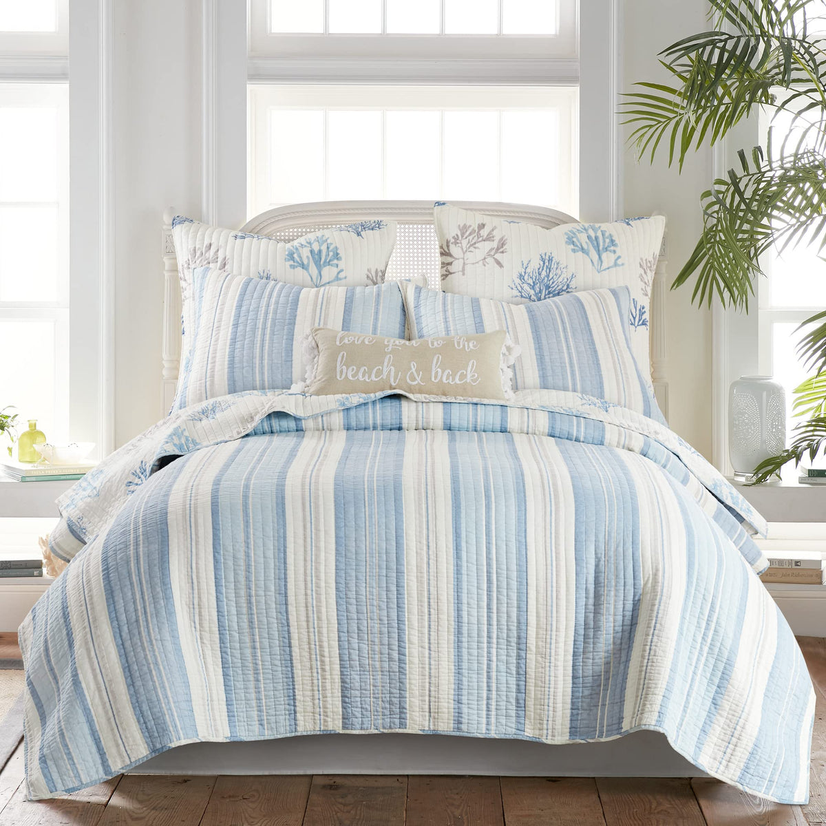 Ipanema Quilt Set - Full/Queen Quilt + Two Standard Pillow Shams - Coastal - Blue, Taupe and Cream - Quilt