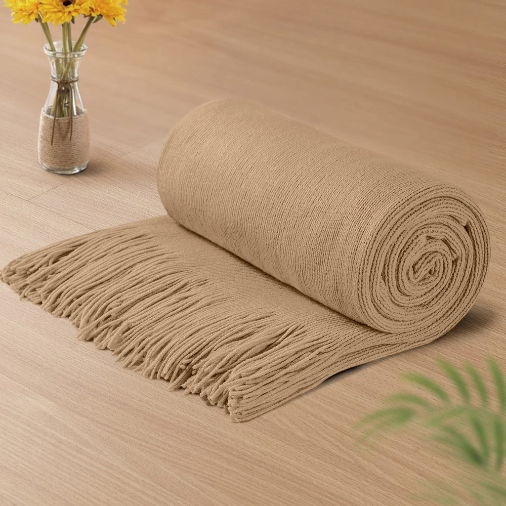 Light Brown Knitted Blanket with Tassels Fringe 50" x 60"