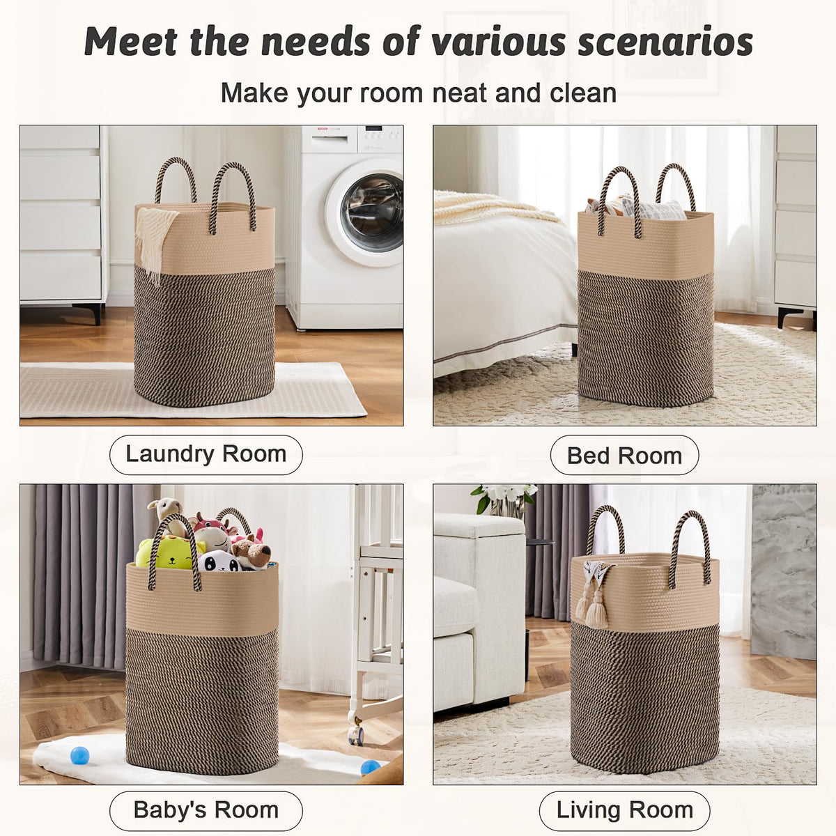 Basket,Woven Cotton Rope Laundry Hamper,Versatile Storage for Dirty Clothes,Baby Toys,and Blankets ,and Living Room
