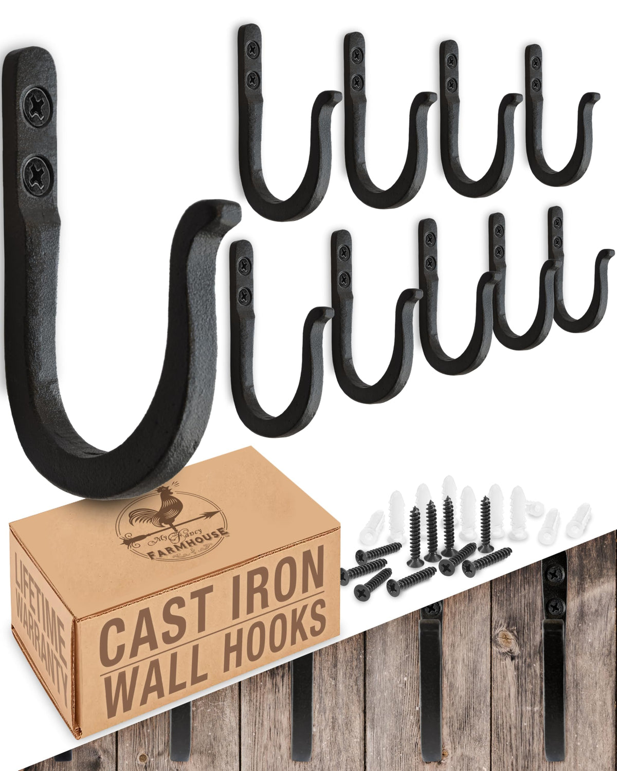 Railroad Spike Cast Iron Hooks (10 Pack) Two Mounting Holes for Greater Strength - Handmade Blacksmith, Wall Mounted
