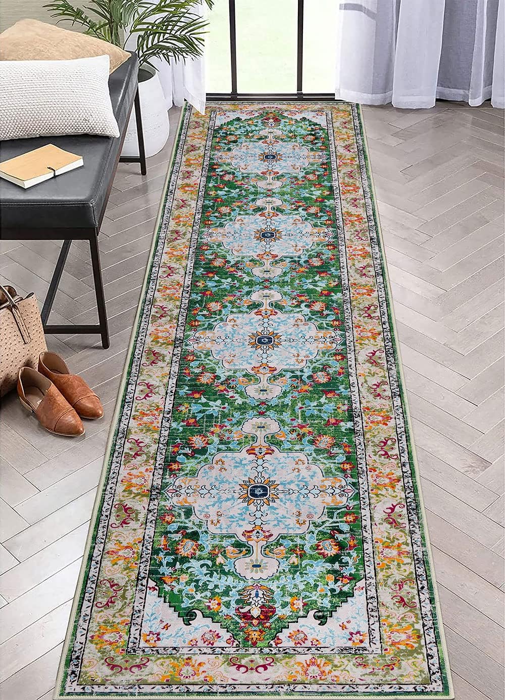 Boho Hallway Runner Rug Non Slip Washable Runners, Green