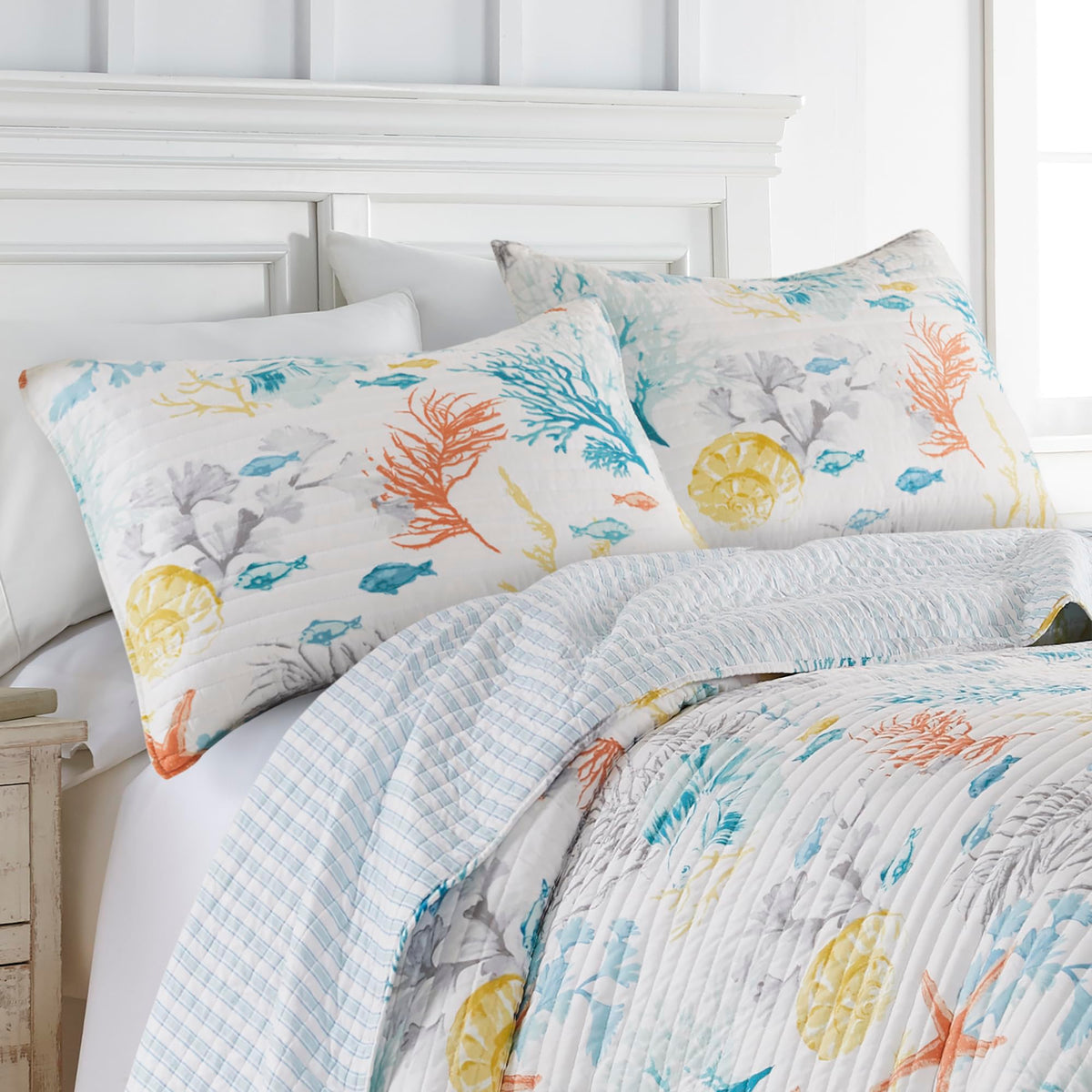 Whimsical Sea Quilt Set - Quilt and Two Standard Shams - Coastal - Blue Teal Yellow Orange Grey White
