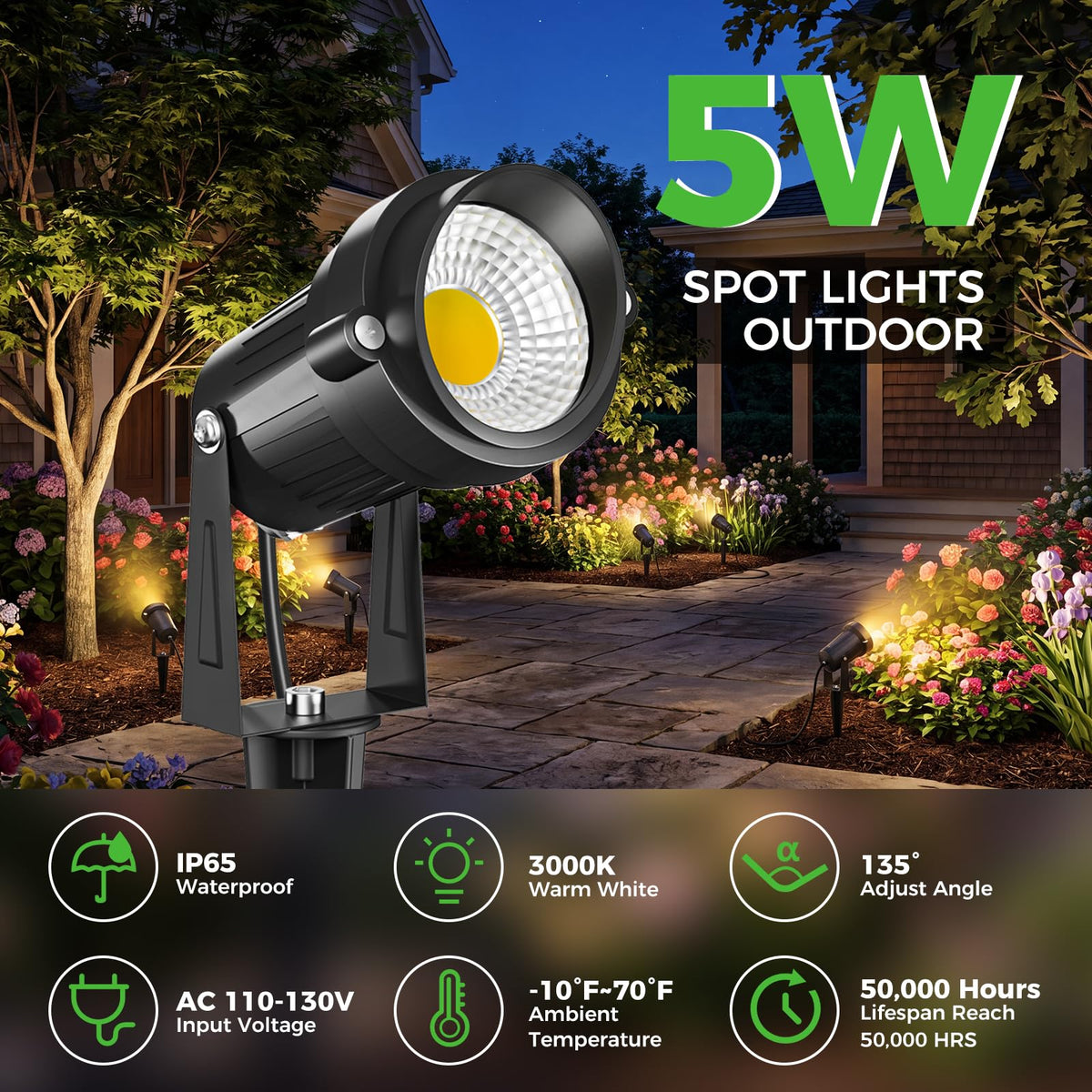 5W Outdoor Spot Lights, COB Landscape Spotlights with Spiked Stand