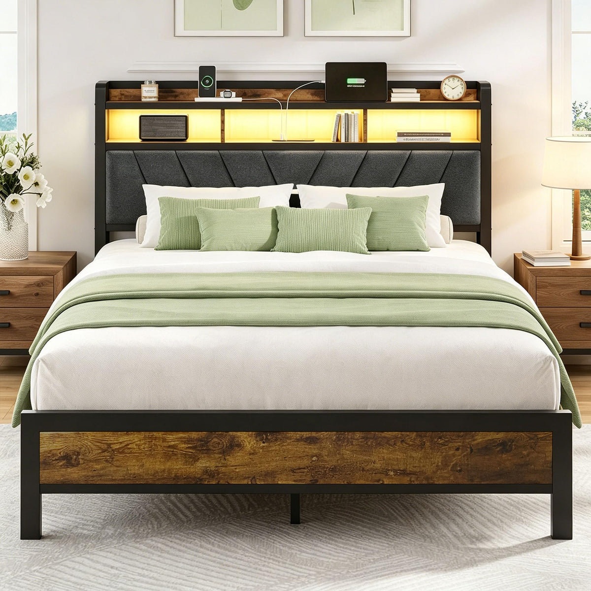 Bed Frame with LED Lights and Charging Station, Vintage Brown