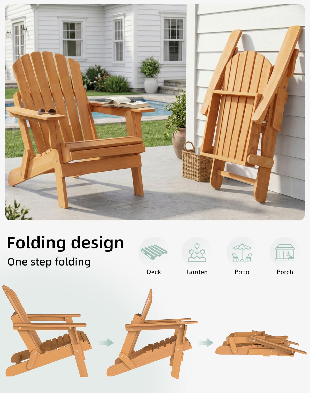 Oversized Wooden Folding Adirondack Chair with Pre-Assembled Backrest and Seat Board, Lounge Chair for Outdoor Patio