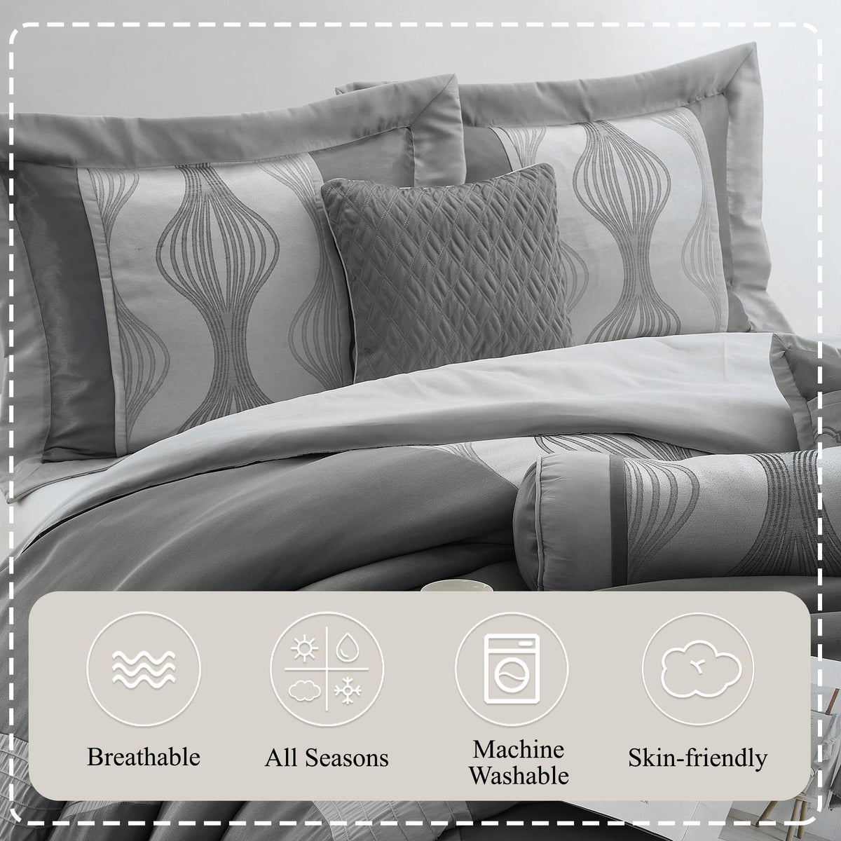 7 Piece Grey Comforter Set, Jacquard Bedding Set, All Season Geometric Patchwork Bedding Set, Matching