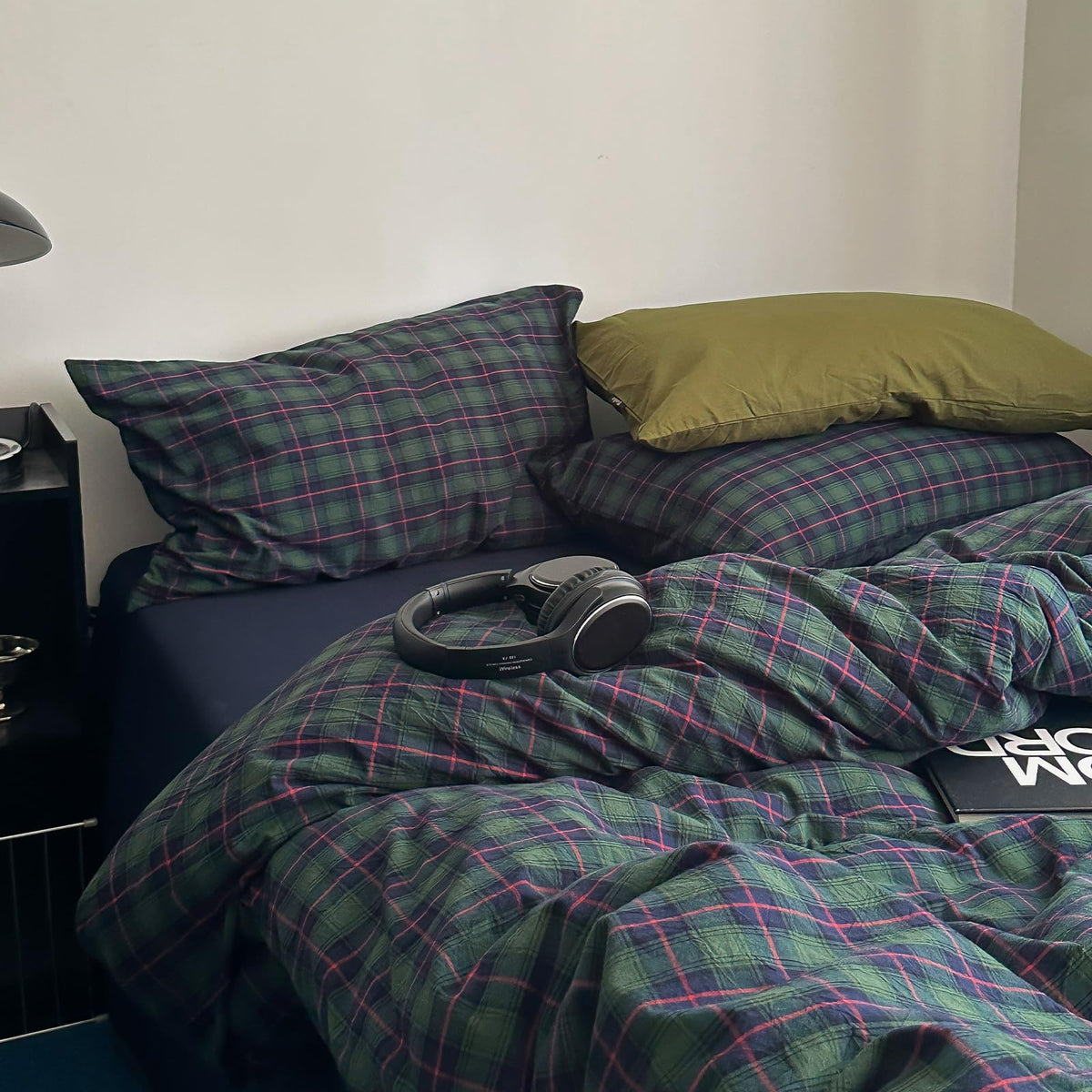Vintage Forest Green Plaid Duvet Cover Set, 3 Piece Retro Tartan Bedding Collection with Navy Check