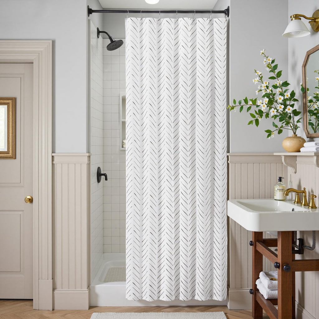 Small Stall Black and White Shower Curtain 36x72 Inches Inky Herringbone Chevron Zig Zag Waterproof Fabric Modern