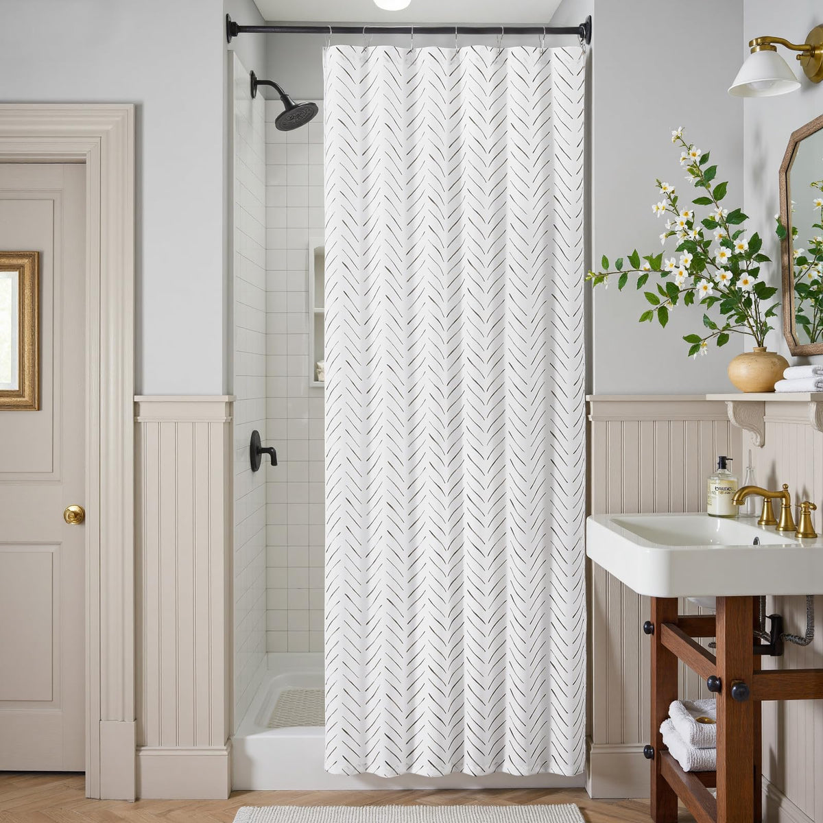 Small Stall Black and White Shower Curtain 36x72 Inches Inky Herringbone Chevron Zig Zag Waterproof Fabric Modern