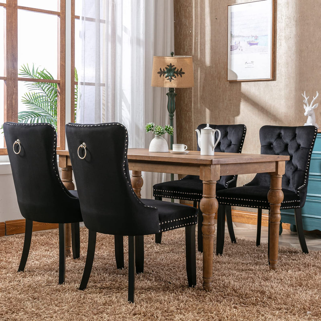 Modern Tufted Upholstered Dining Chairs Set of 4, Classic Black Velvet Dining Room Chair with Solid Wood Legs, Sillas