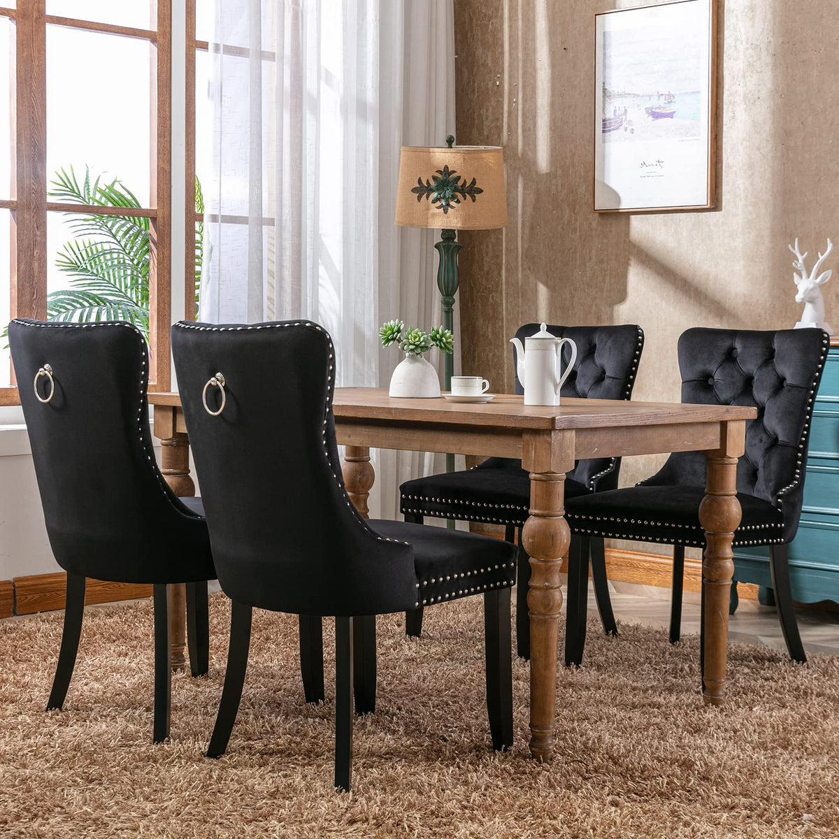 Modern Tufted Upholstered Dining Chairs Set of 4, Classic Black Velvet Dining Room Chair with Solid Wood Legs, Sillas