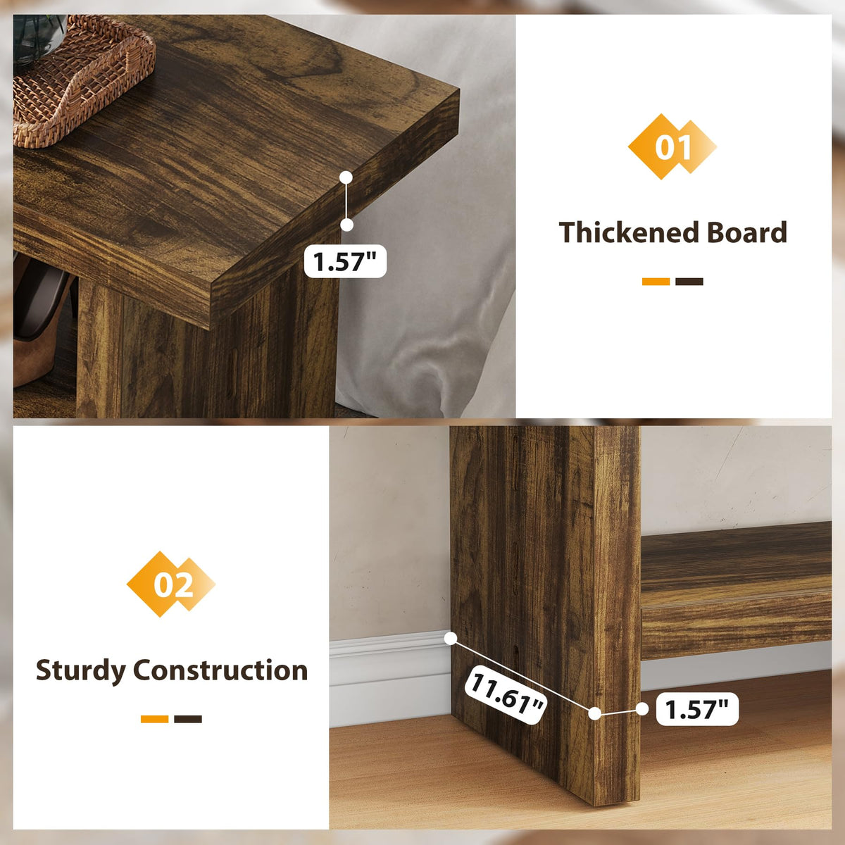 47" 2-Tier Wooden Entryway Bench with Shoe Storage, Rustic Brown