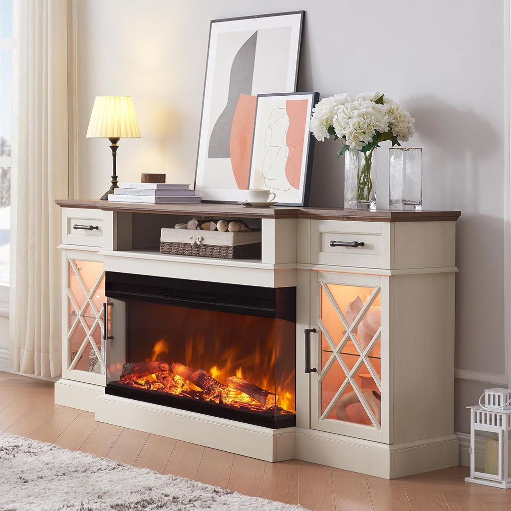 3-Sided Glass Farmhouse Electric Fireplace TV Stand for TVs up to 80'', Highboy Entertainment Center with Glass Door Storage Cabinet, 70'' Large TV Stands with 36'' Fireplace, Antique White