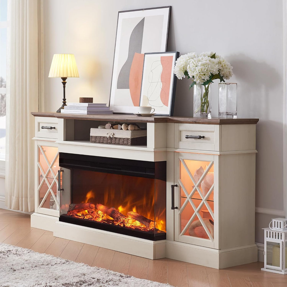 3-Sided Glass Farmhouse Electric Fireplace TV Stand for TVs up to 80'', Highboy Entertainment Center with Glass Door Storage Cabinet, 70'' Large TV Stands with 36'' Fireplace, Antique White