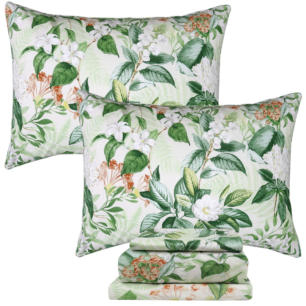 Green Floral Sheet Set King, 100% Cotton Pink Flower Printed Sheets Green Leaves Pattern Sheets Botanical Shabby