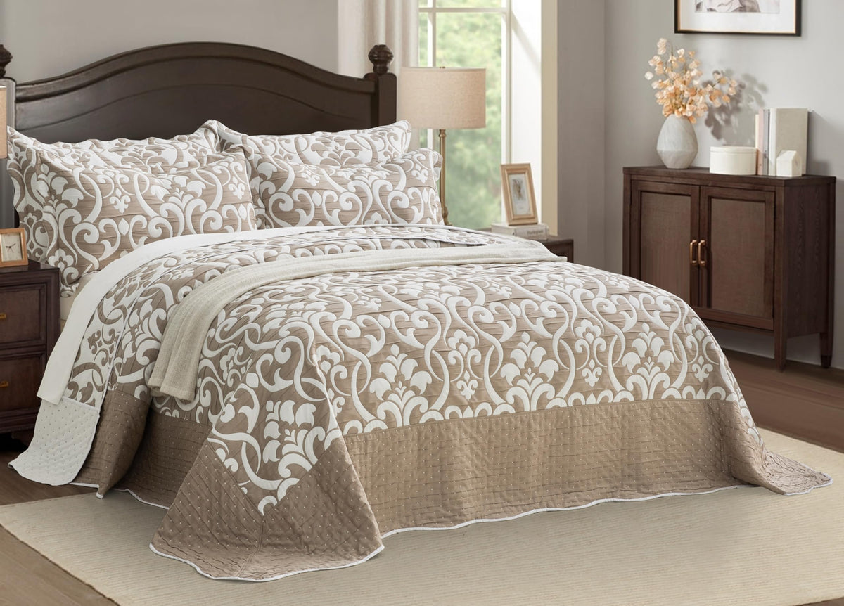 Oversized Bedspread 128x120, Jacquard Matelasse Floral Damask Design, 5-Piece Lightweight Reversible Microfiber