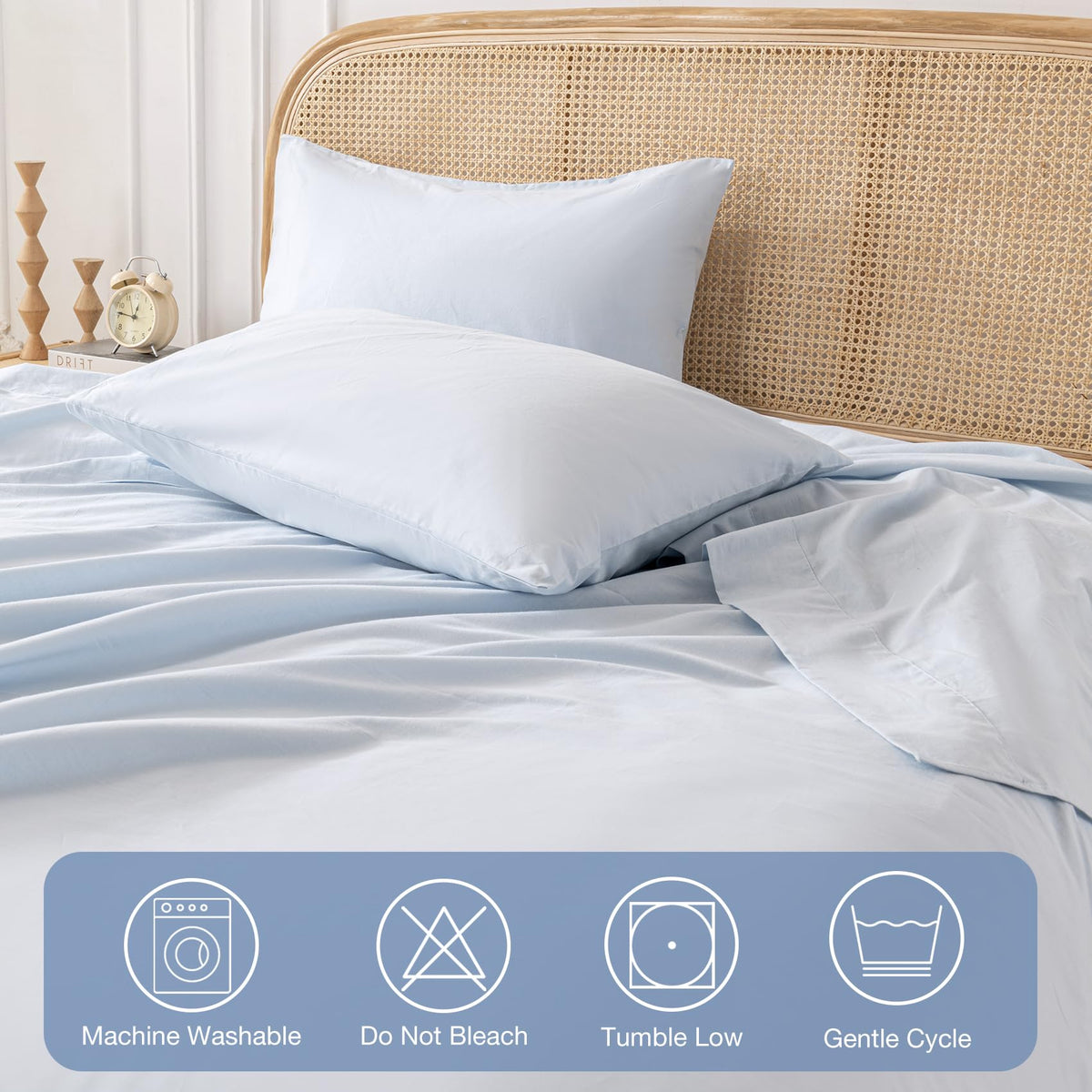 Light Blue 100% Washed Cotton Linen Feel Sheet Set