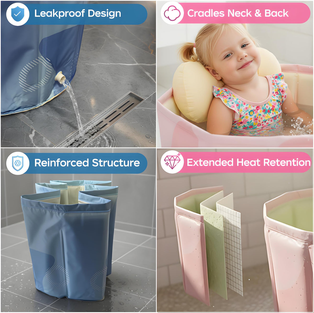 Upgraded Portable Bath Tub for Toddlers - Foldable Deep Soak Bathtub for Kids, One-Second Setup, Easy Storage