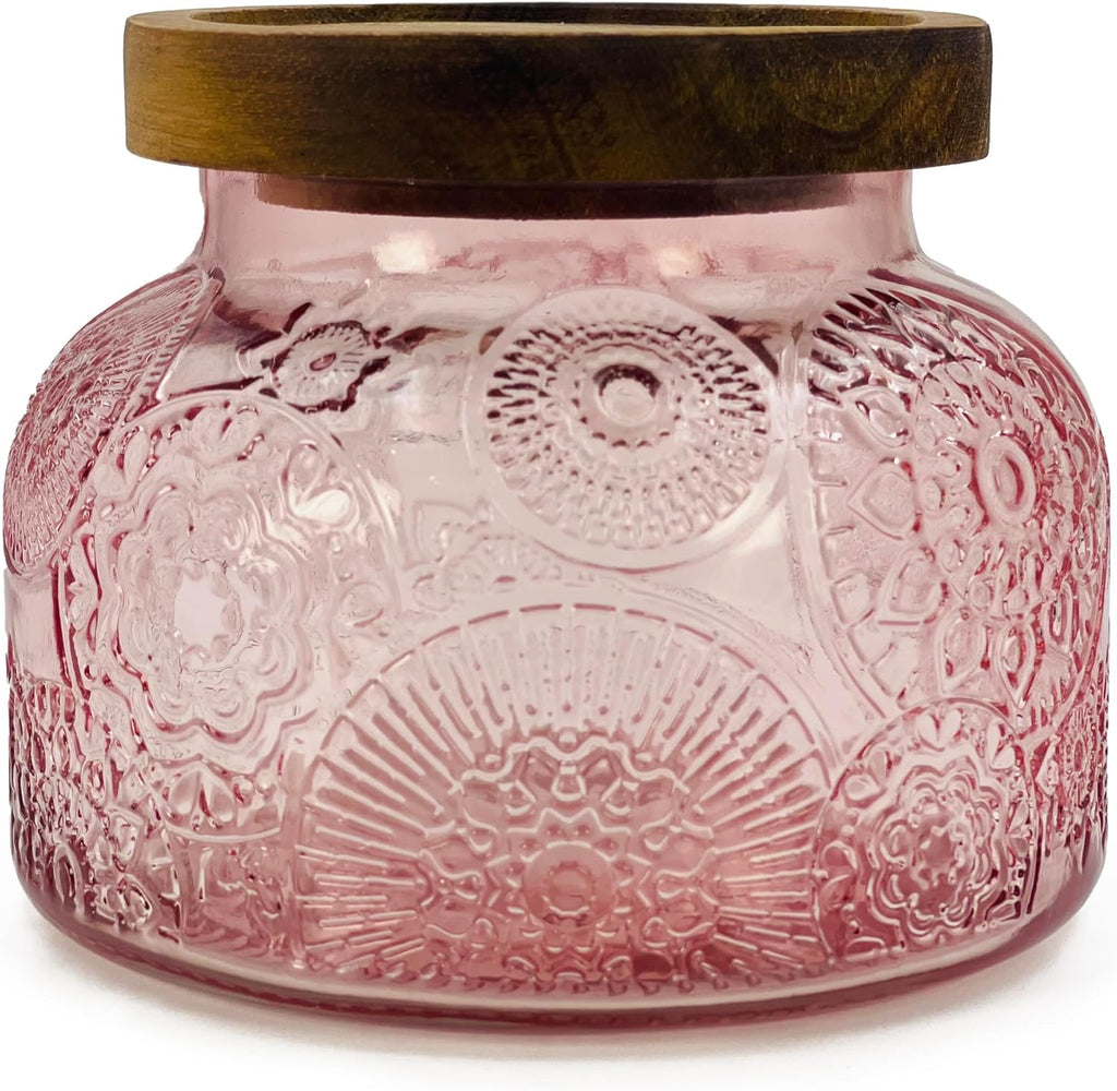 Decorative Pink Embossed Glass Jar with Airtight Wooden Lid, 40 fl. oz