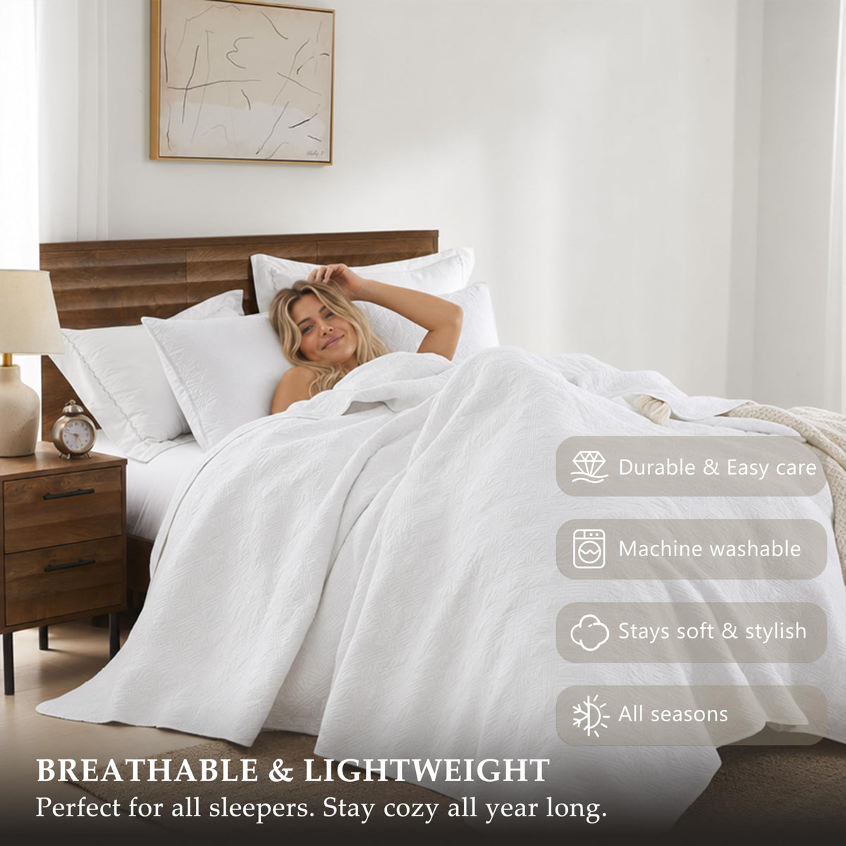 100% Cotton White Oversized Quilt Bedding Sets with 2 Pillow Shams, Shabby Chic Rustic Textured