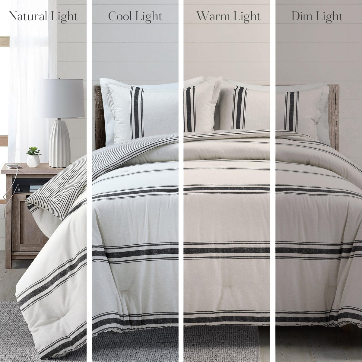 Farmhouse Stripe Reversible Cotton Comforter Set, 3 Piece Set, Black - Cozy Farmhouse Bedding Set - Rustic