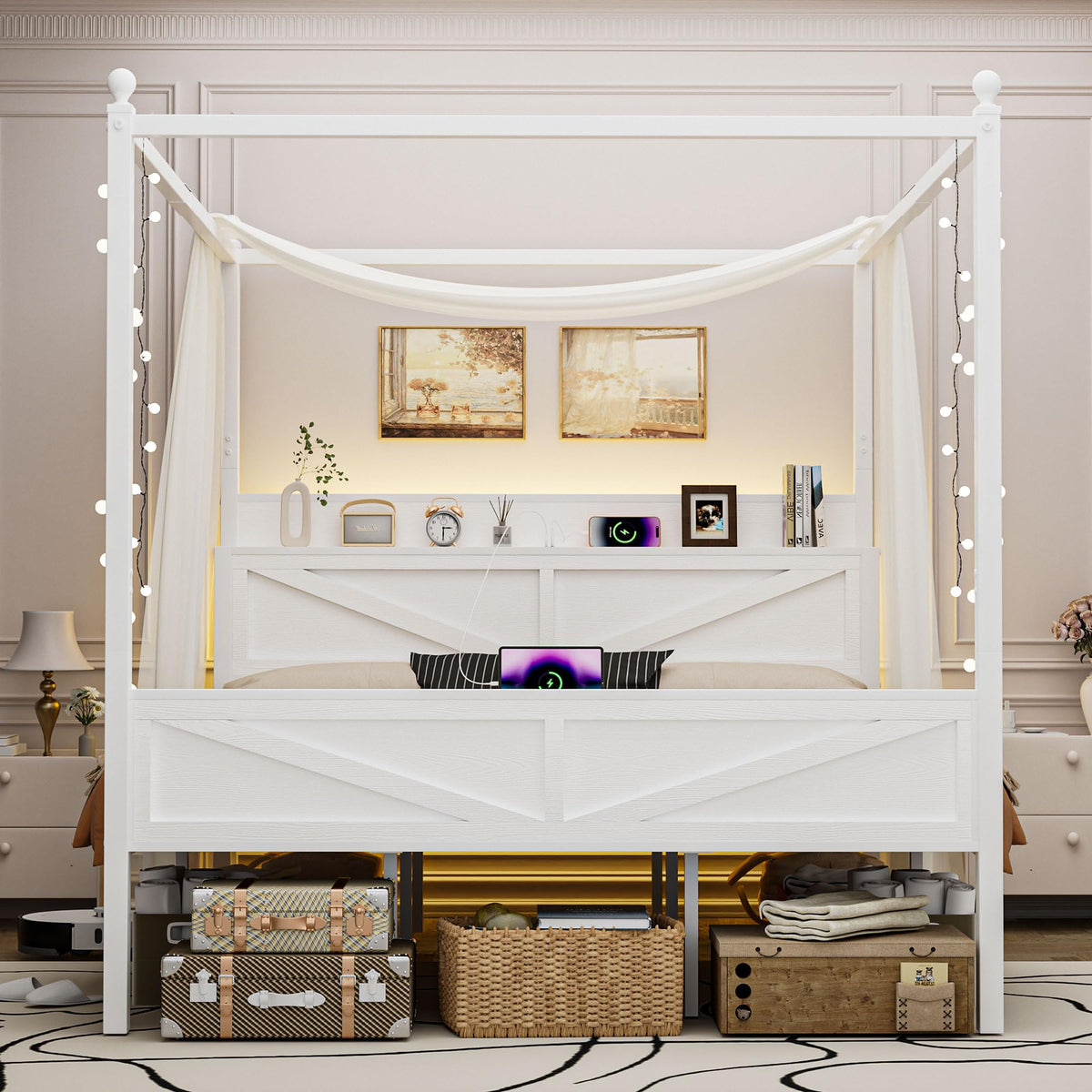 Canopy Bed Frame with Barn Door Storage Headboard, Beige