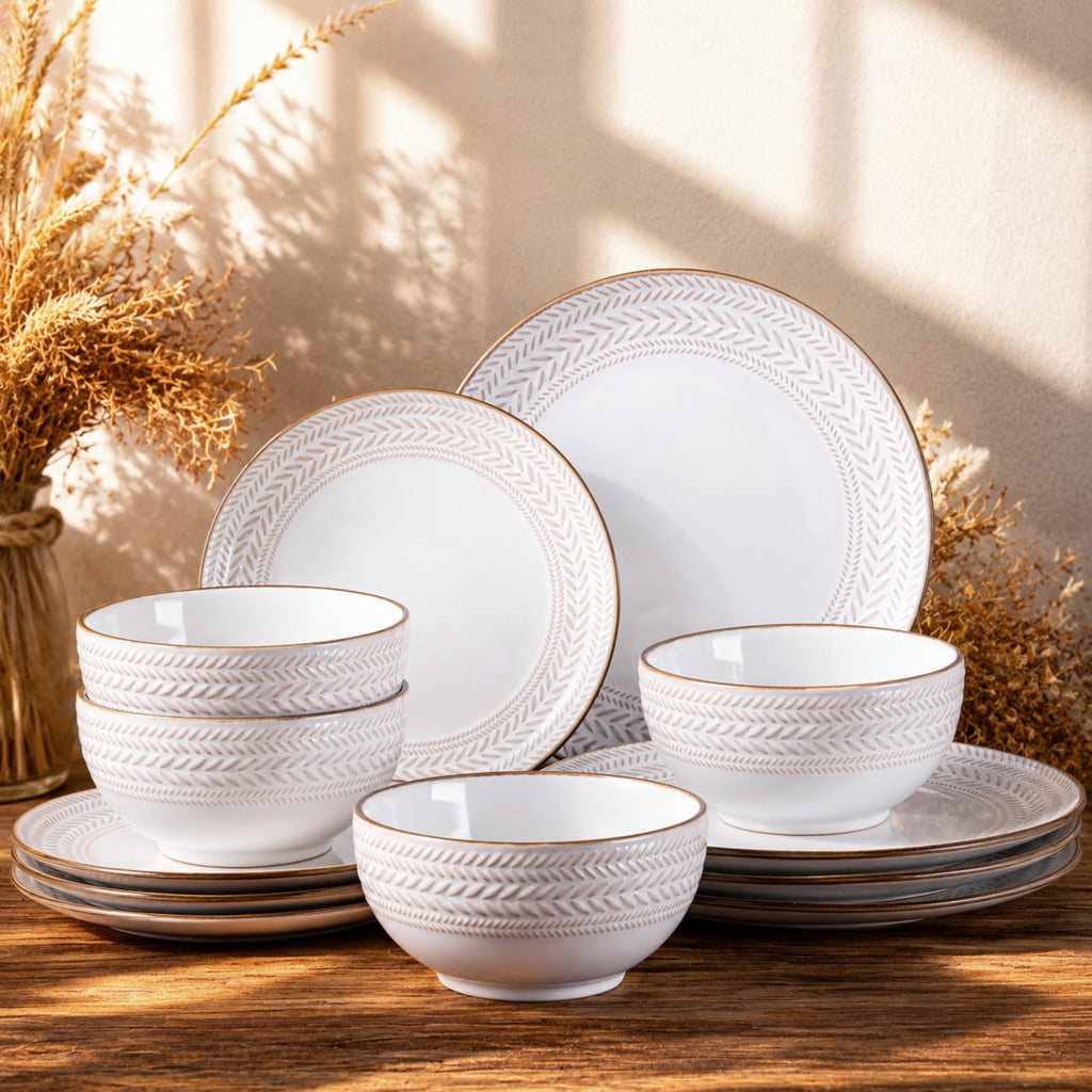 Stoneware Dinnerware Set for 4, 12 Piece Farmhouse Dishes Set