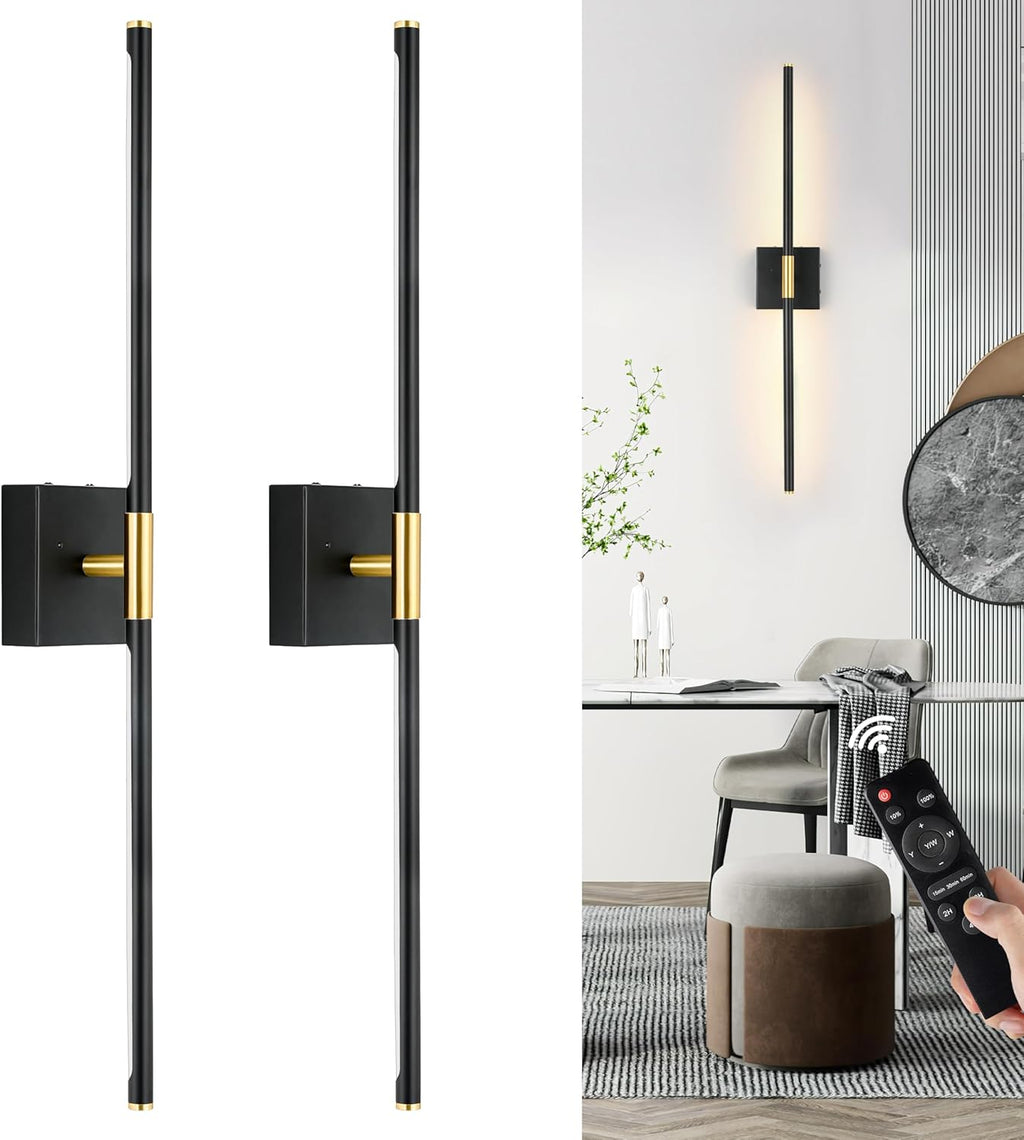 10000mAh Battery Operated Wall Sconces Set of 2, 3 Color Dimmable Rechargeable Wall Light with Remote, 24 Inch Black