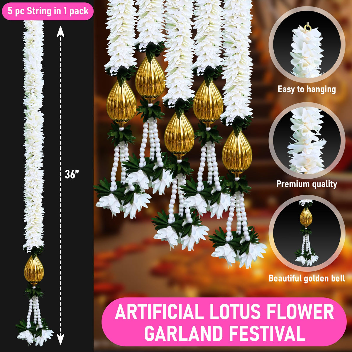 Diwali Decorations, 5 Pc Indian Decor Artificial Flower Garland 3Ft