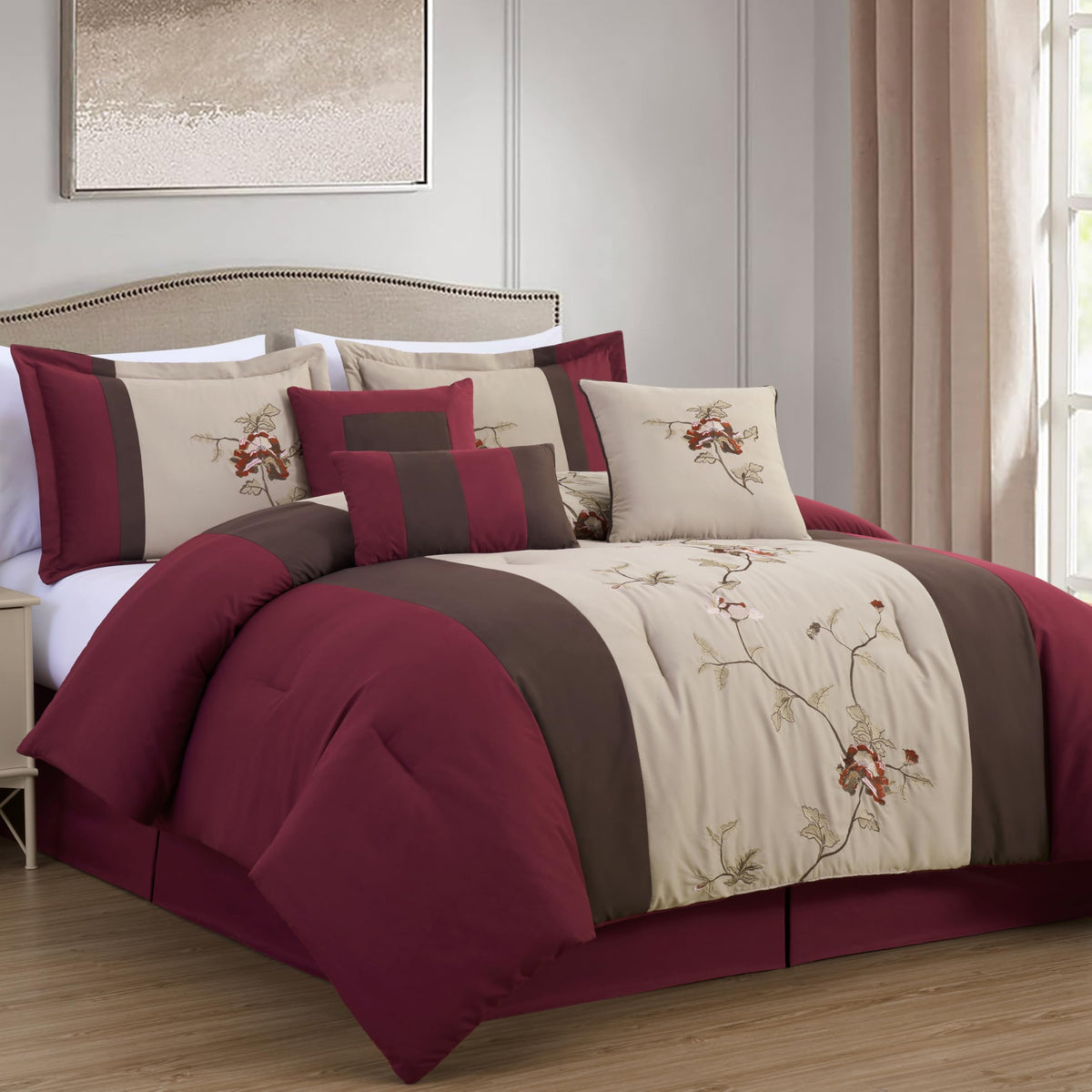 Vienna 7-Piece Embroidered Floral Comforter Set (Burgundy Taupe Brown)