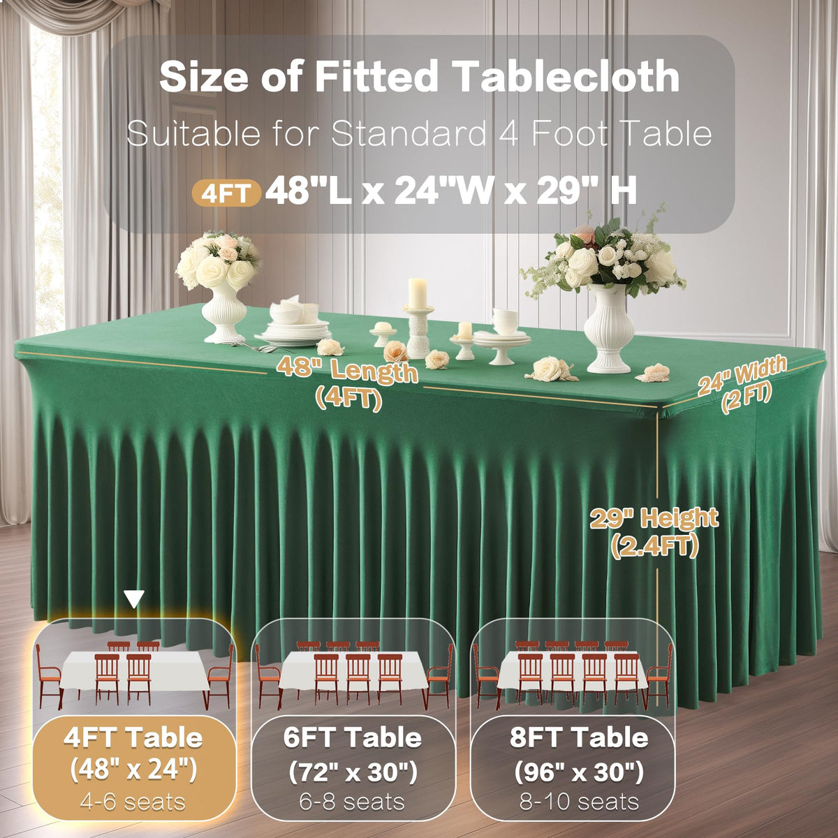 2 Packs Green Spandex Table Clothes for 4 Foot Rectangle Table, Spandex Table Covers 4FT Stretch Table Skirts Wrinkle