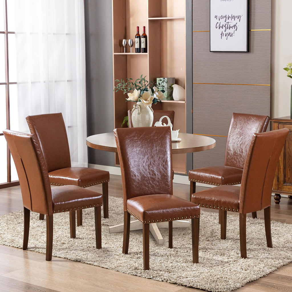 Upholstered Parsons Dining Chairs Set of 2, PU Leather Dining Room Kitchen Side Chair with Nailhead Trim and Wood